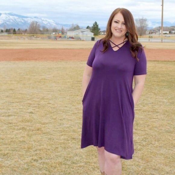 Zenana NWT Large Purple Choker Dress Plum Criss Cross Strappy Knee Length - Picture 7 of 9